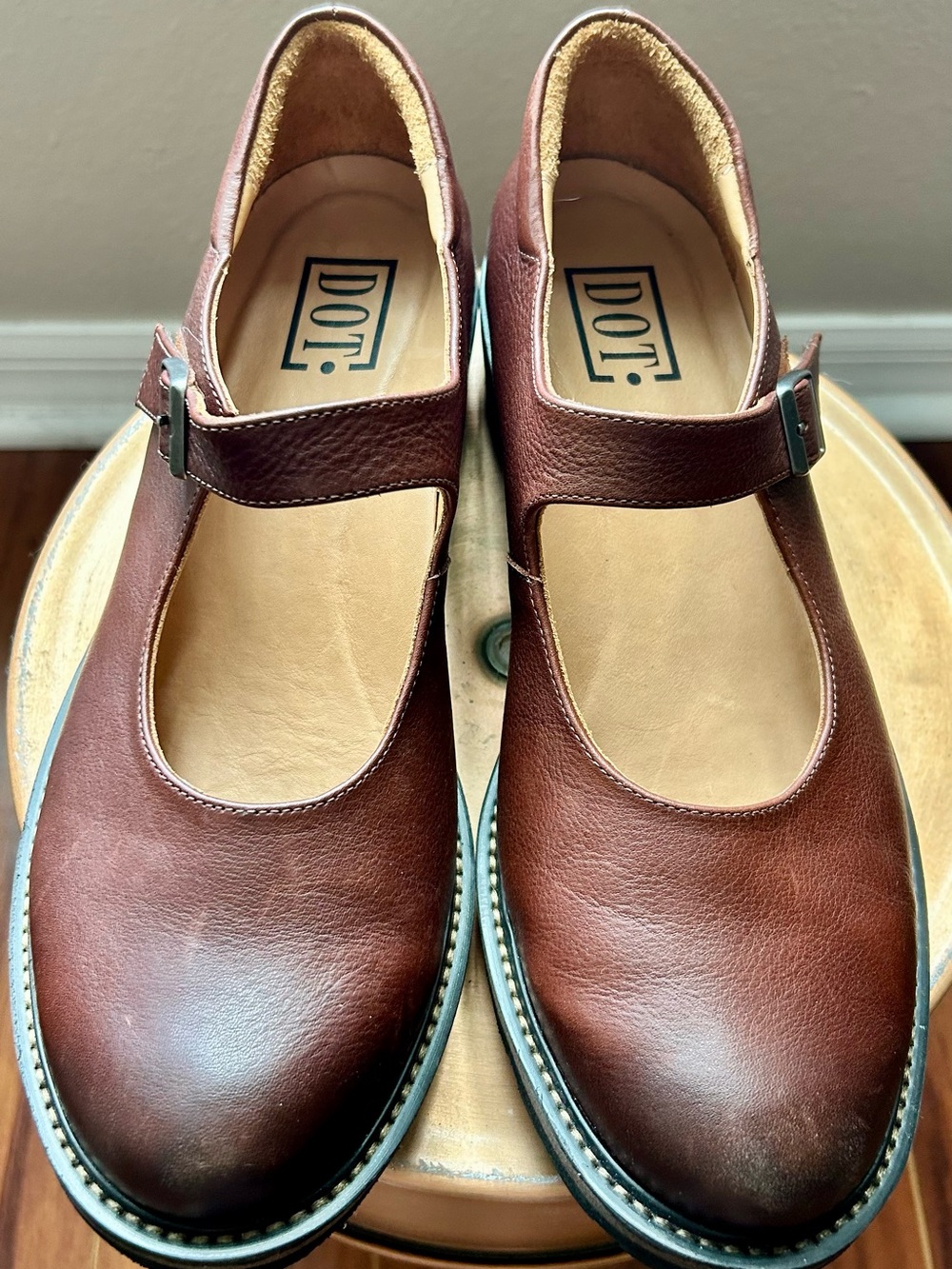 Dots Brown Leather Mary Jane Loafers with Strap